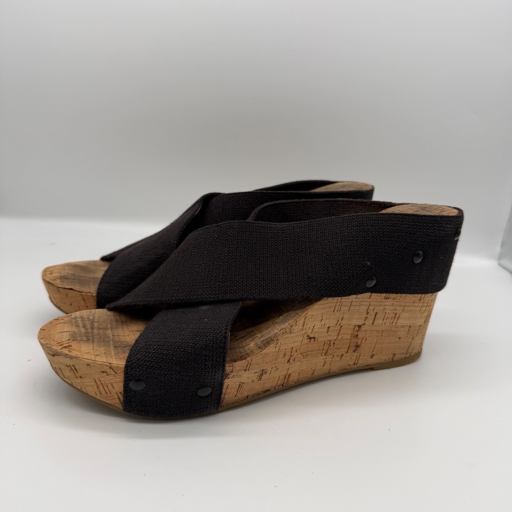 Lucky Brand Miller 2 Womens Wedge Sandals Brown Fabric Cork Platform Slides 10M